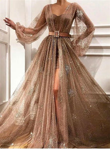 A Line V Neck Sequins Long Sleeves Prom Dresses with Slit 