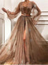A Line Sequins Long Sleeves Prom Dress with Slit LBQ1216