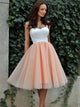 Sweetheart White Satin and Pink Knee Length Prom Dresses