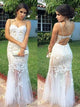 Mermaid Spaghetti Straps Open Back White Tulle Prom Dresses
