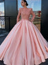 A Line Bateau Long Sleeves Pink Satin Prom Dress with Appliques LBQ2053