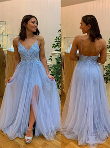 A Line Light Blue Spaghetti Straps Appliques Chiffon Prom Dress