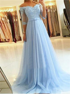 A Line Off the Shoulder Appliques Blue Tulle Prom Dresses