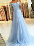 A Line Off the Shoulder Appliques Blue Tulle Prom Dresses LBQ2364