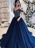 A Line Off the Shoulder Navy Blue Prom Dresses with Beadings LBQ1952