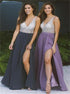 A Line Chiffon Slit V Neck Beaded Prom Dresses LBQ1994