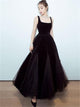 A Line Black Velvet Tulle Prom Dresses with Pleats