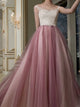 A Line Lace Tulle Short Sleeves Pink Prom Dresses 