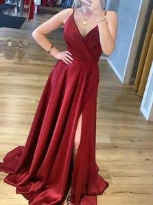 A Line V Neck Satin Wine Red Prom Dresses