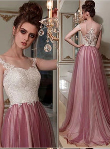 A Line Tulle Pink Scoop Beadings Sleeveless Prom Dresses