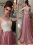 A Line Tulle Pink Scoop Beadings Prom Dress LBQ0565