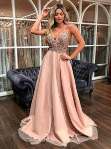 A Line Spaghetti Straps V Neck Appliques Beadings Tulle Prom Dresses