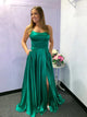 A Line Spaghetti Straps Green Satin Prom Dresses with Slit