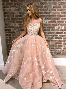 A Line Scoop Appliques Tulle Pink Long Prom Dresses