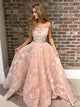 A Line Scoop Appliques Tulle Pink Long Prom Dresses