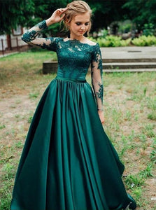 Dark Green Appliques Satin Prom Dresses with Sweep Train