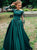 Dark Green Appliques Satin Prom Dresses with Sweep Train