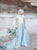 A Line Scoop Blue Appliques Tulle Prom Dresses