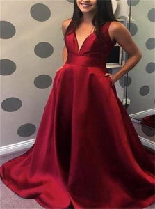 Burgundy Sleeveless Satin Prom Dresses with Sweep Train