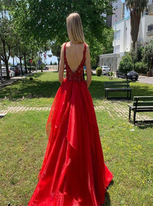 Sweep Train Red Open Back Evening Dresses