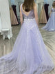 Sweep Train Open Back Lilac Evening Dresses With Appliques 