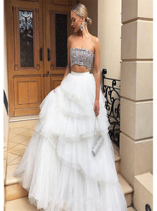 A Line Strapless Tulle Sequins White Prom Dresses