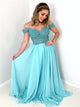 Off the Shoulder Turquoise Appliques Prom Dresses
