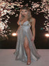 A Line V Neck Spaghetti Straps Silver Sequins Sparkle Prom Dress with Slit LBQ3151
