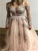 A Line V Neck Light Pink Lace Tulle Long Sleeves Prom Dress LBQ2365