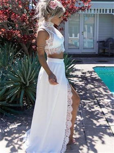 Sweep Train Two Piece White Prom Dresses