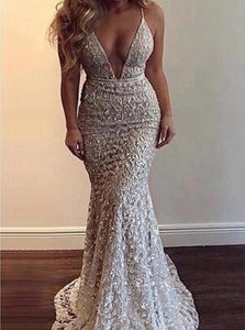 Backless Lace Beaded Mermaid Prom Dresses