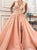 A Line V Neck Pink Chiffon Sweep Train Prom Dresses