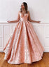 V Neck Lace Up Pink Appliques Satin Ball Gown Prom Dresses LBQ1837