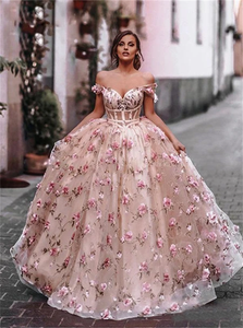 A Line Off The Shoulder Floral Pink Tulle Lace Up Prom Dresses