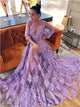 A Line Scoop Long Sleeves Lace Appliques Purple Prom Dresses