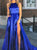 Royal Blue A Line Satin Prom Dresses with Slit 