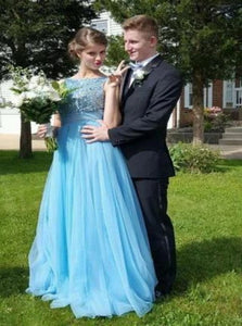 Sleeveless Beadings Blue Prom Dresses