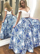 A Line Two Piece Floral Off The Shoulder Satin Prom Dresses