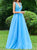 A Line V Neck Blue Tulle Sleeveless Appliques Prom Dresses