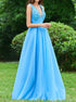 A Line V Neck Blue Tulle Sleeveless Appliques Prom Dress LBQ2404