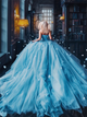 Ball Gown Strapless Tulle Blue Prom Dresses with Handmade Flowers