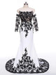 White Black Lace Appliques Mermaid Satin Prom Dresses