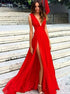 A Line V Neck Red Chiffon Prom Dress with Slit LBQ2626