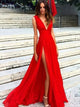 A Line V Neck Red Chiffon Prom Dresses
