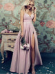 A Line Spaghetti Straps V Neck Satin Prom Dresses
