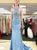 Halter Pale Blue Lace Top Mermaid With Train Satin Prom Dresses