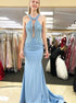 Halter Pale Blue Lace Top Mermaid With Train Satin Prom Dresses LBQ2684