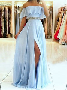 A Line Off the Shoulder Split Blue Chiffon Prom Dresses