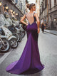 Mermaid Purple Sleeveless Satin Prom Dresses with Sweep Train