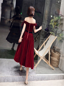 Velvet Short Sleeves Tea Length Prom Dresses with Pleats